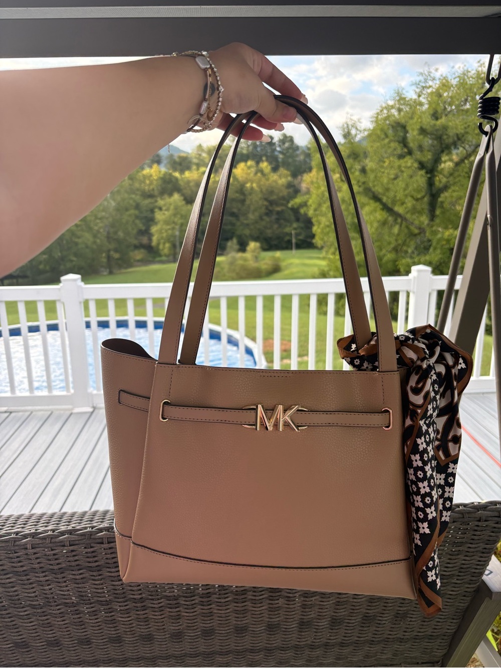 Michael Kors Brown Tote with Gold MK Logo and Scarf Accent